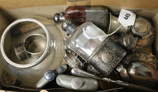 A quantity of mixed silver, plate and pewter items, including hip flask, match tidy and capstan inkwell.